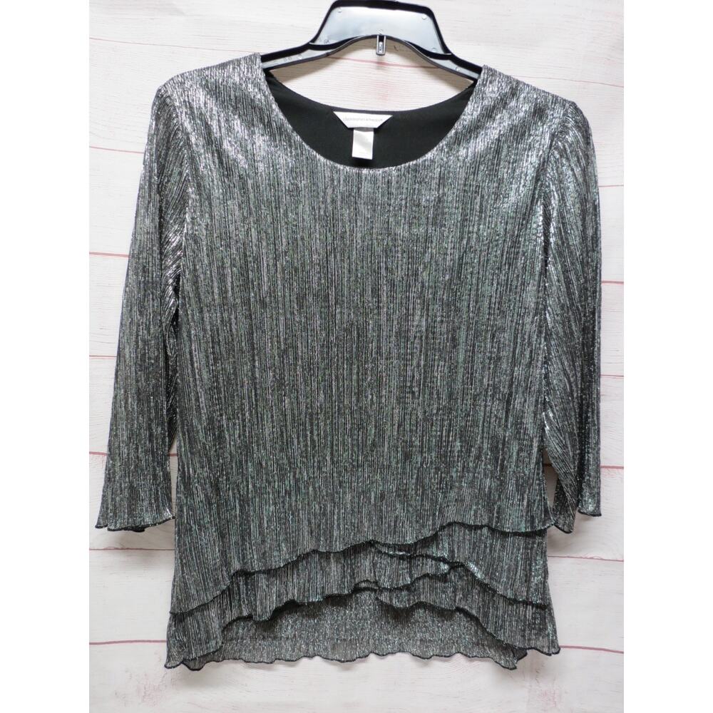 Christopher & Banks Size Large Black Silver Metallic Top Blouse Shimmer Layered
